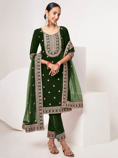Wonderful Green Sequins Velvet Mehendi Wear Pant Suit With Dupatta